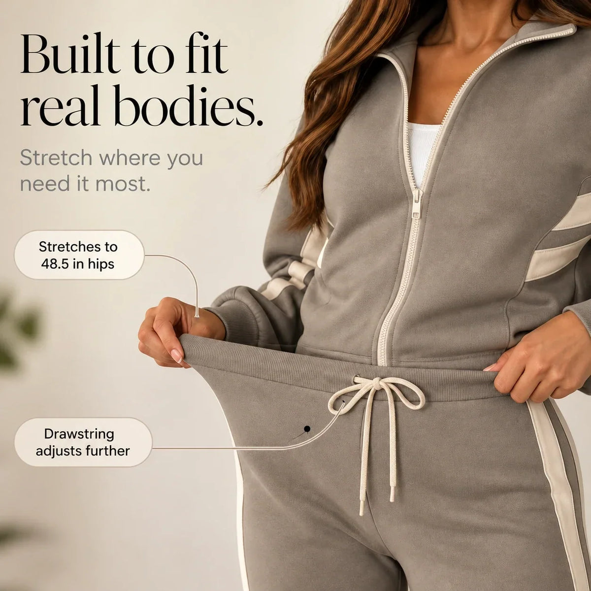 Cream-Striped Sporty Two-Piece Set