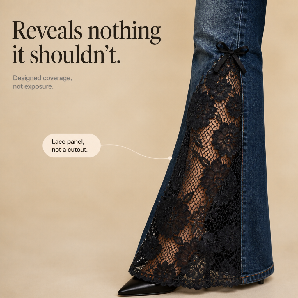 Black Floral Lace Panel Flare Jeans