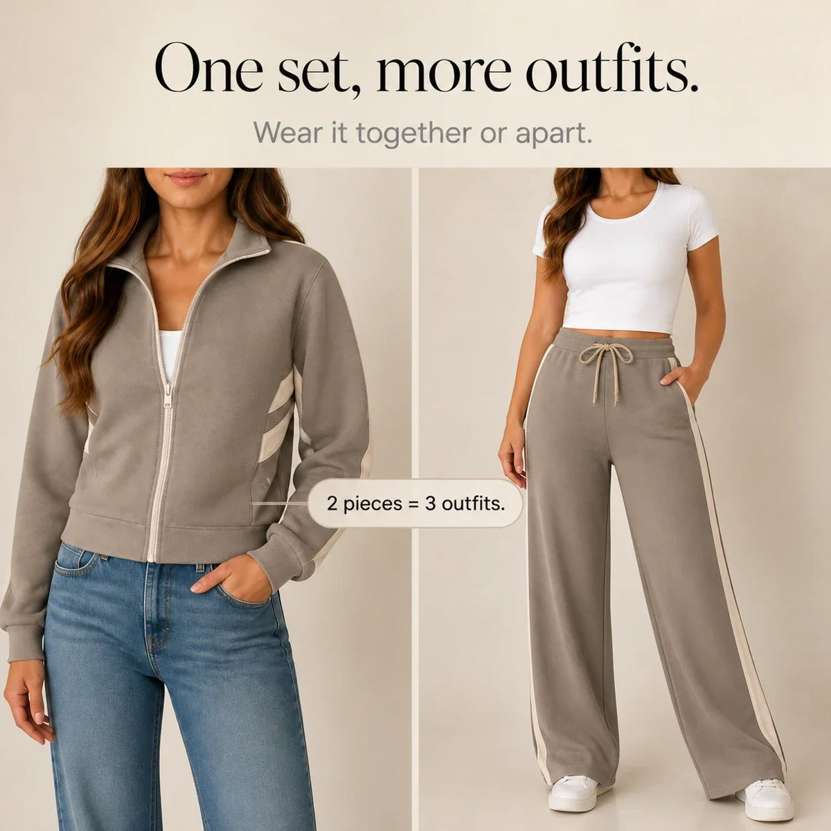 Cream-Striped Sporty Two-Piece Set
