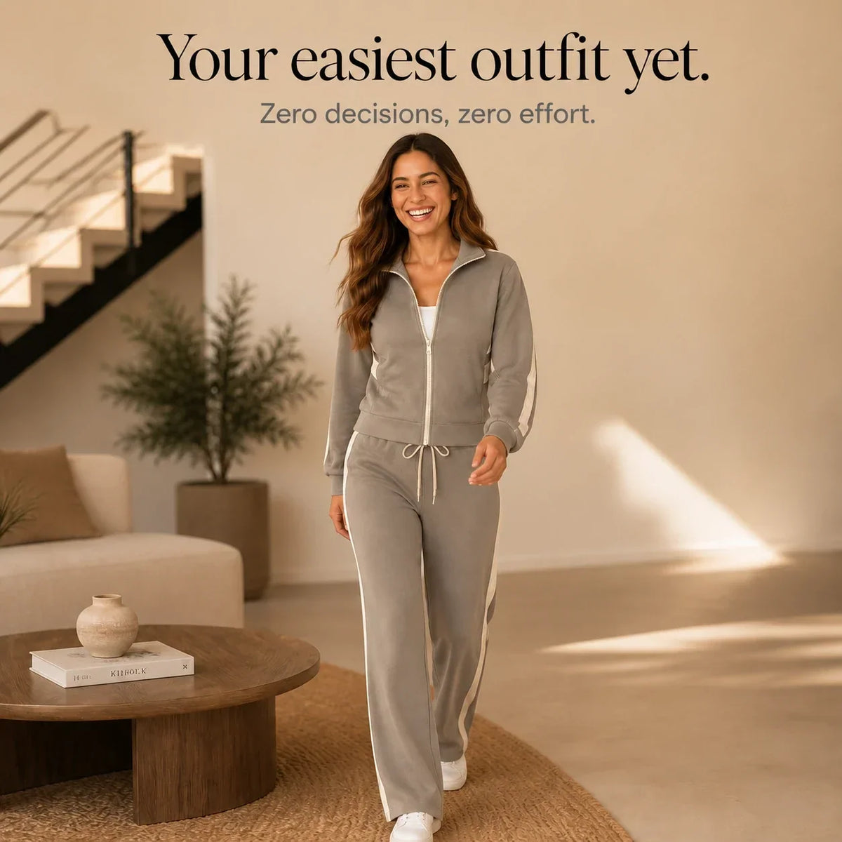 Cream-Striped Sporty Two-Piece Set