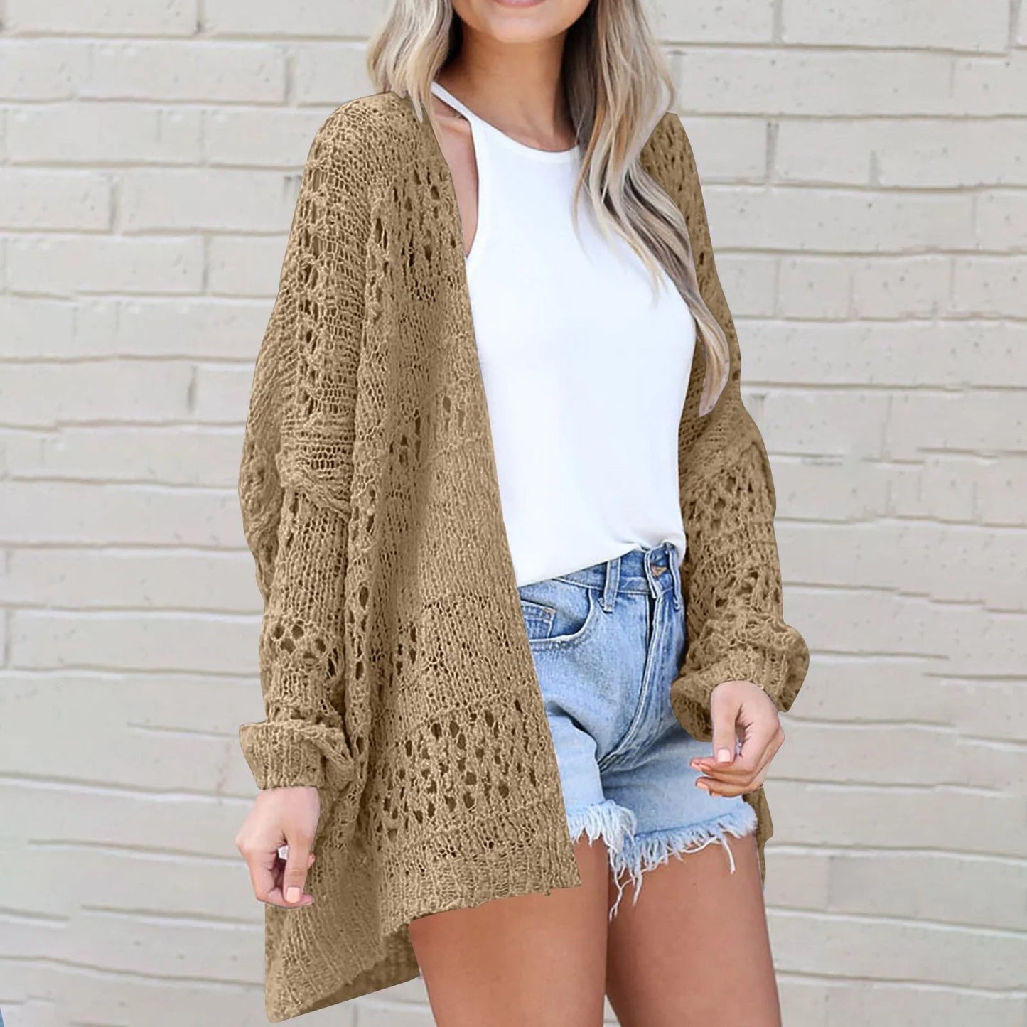🔥 Women's Cotton Lightweight Crochet Cardigan Long Sleeve Open Front Oversized Summer Sweater Batwing Beach Fashion