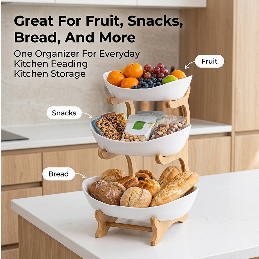 3-Tier Vertical Fruit Basket with Bamboo Stand - Space-Saving Oval Bowl Organizer for Kitchen Counters & Pantries