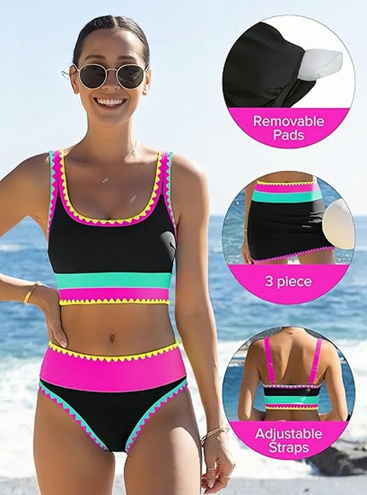 👙Color Block Patchwork Sporty 3-Piece Bikini Set - High Waisted & Tummy Control Swimsuit💃🌈