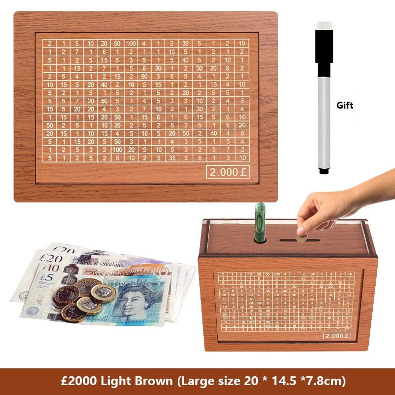 🔥Hot Sale🔥1000/3000/5000/10000 Wooden Money Box - Reusable Savings Target Bank for Home Decoration and Financial Goals