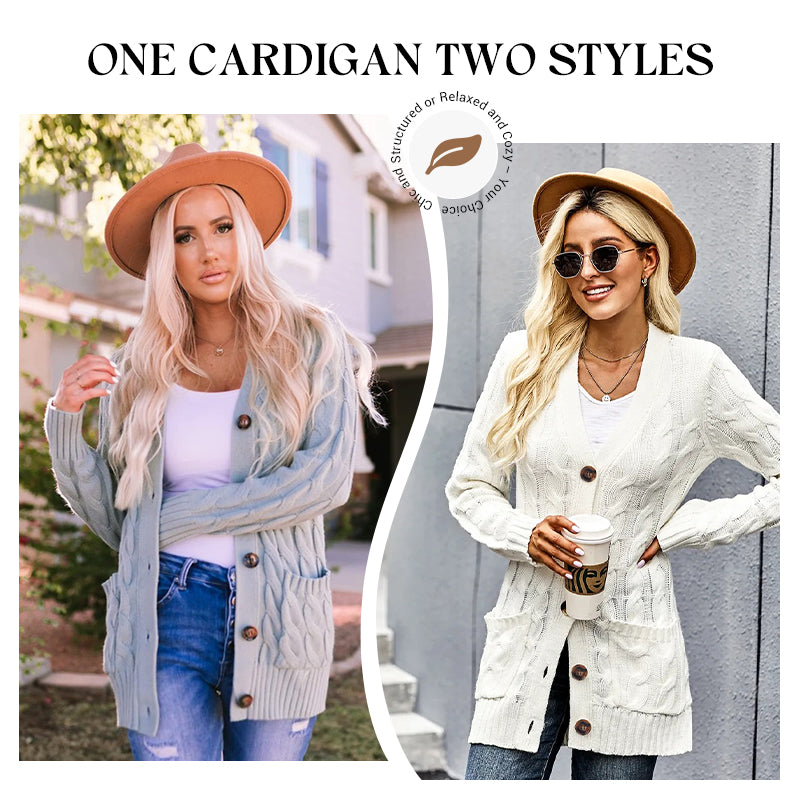 💕Women's Fall Casual Long Sleeve Button Down Open Front Cable Knit Cardigan