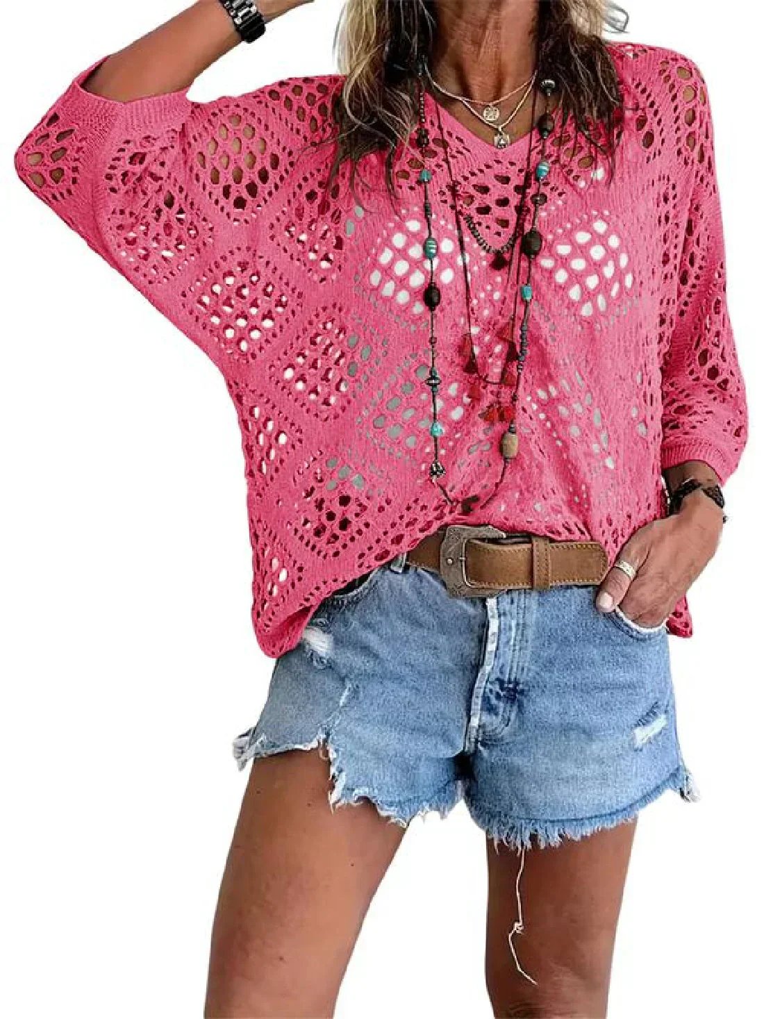 💥🔥Womens Bohemian-Inspired Beige Crochet Top with V-Neck | 11 Colors | S to 5XL