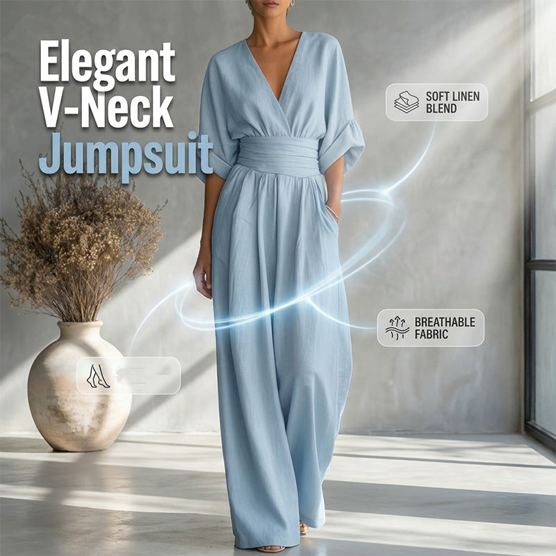 👠👠Hot sale Women's Solid-Color Elegant V-Neck Jumpsuit with Waist-Defining Fit