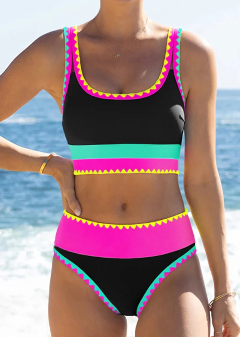 👙Color Block Patchwork Sporty 3-Piece Bikini Set - High Waisted & Tummy Control Swimsuit💃🌈