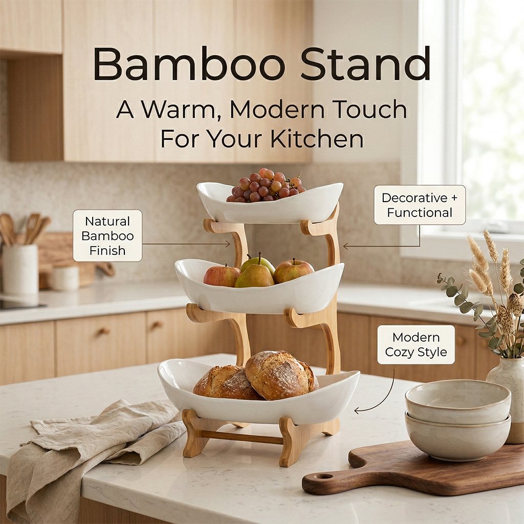 3-Tier Vertical Fruit Basket with Bamboo Stand - Space-Saving Oval Bowl Organizer for Kitchen Counters & Pantries