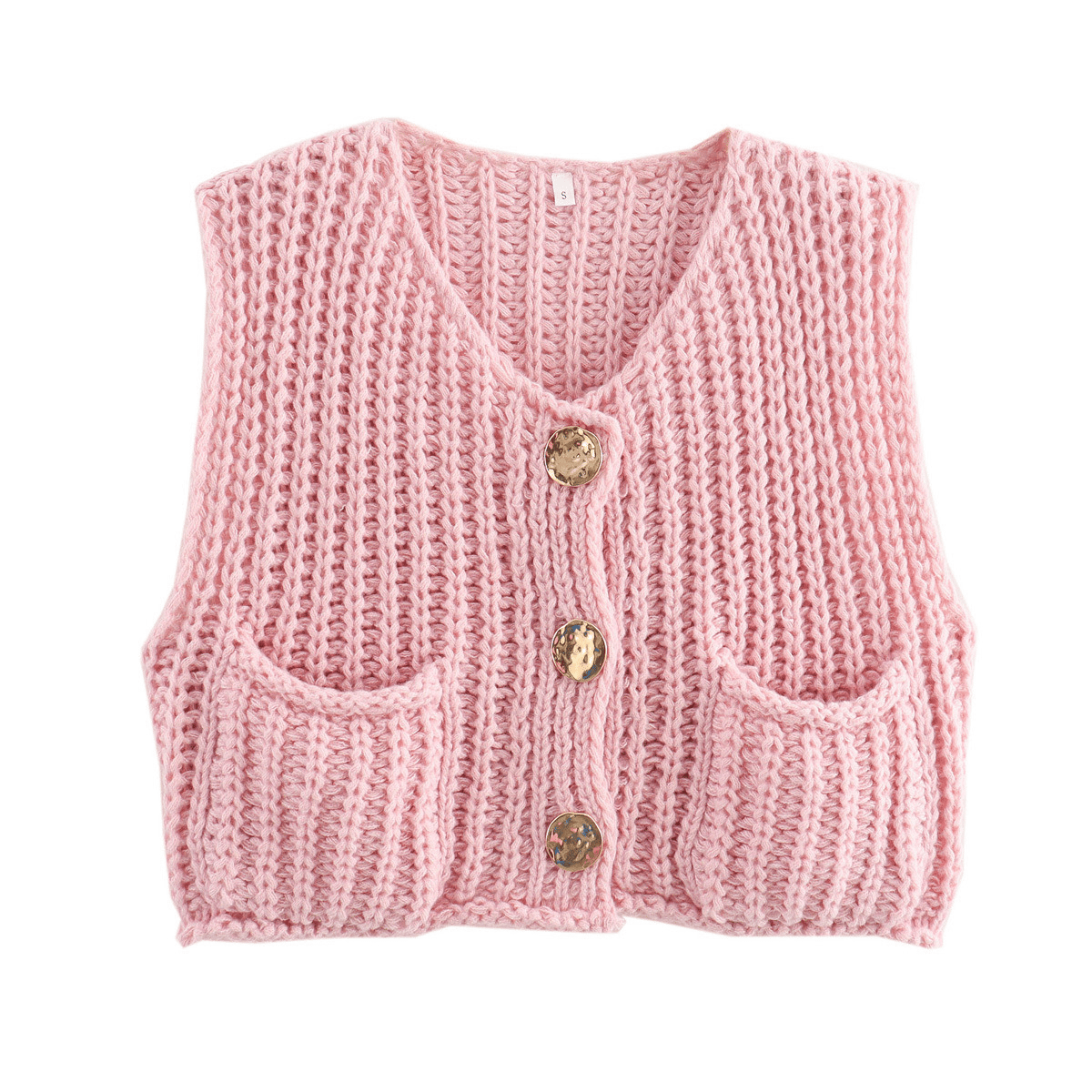 Women's Plain Button Front Pocket Sleeveless Cardigan
