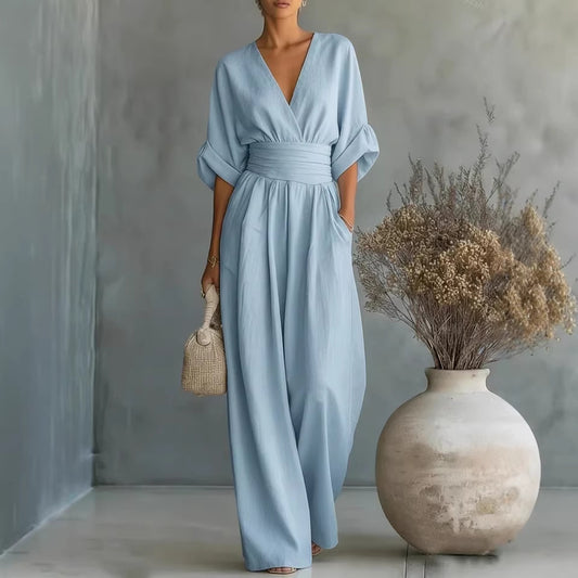 👠👠Hot sale Women's Solid-Color Elegant V-Neck Jumpsuit with Waist-Defining Fit