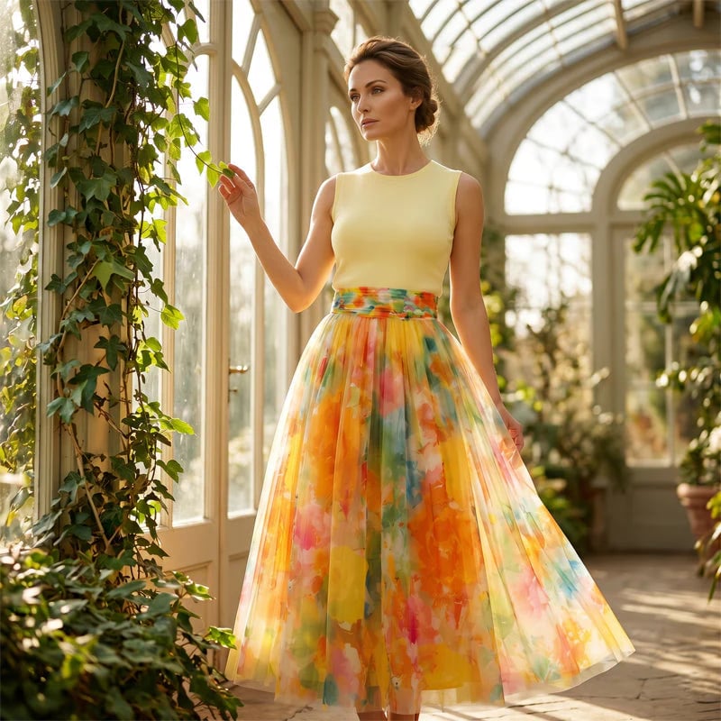Women's Watercolor Floral Print Tulle Midi Skirt