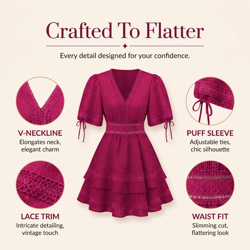 Women's V-Neck Lace Tiered Ruffle Dress