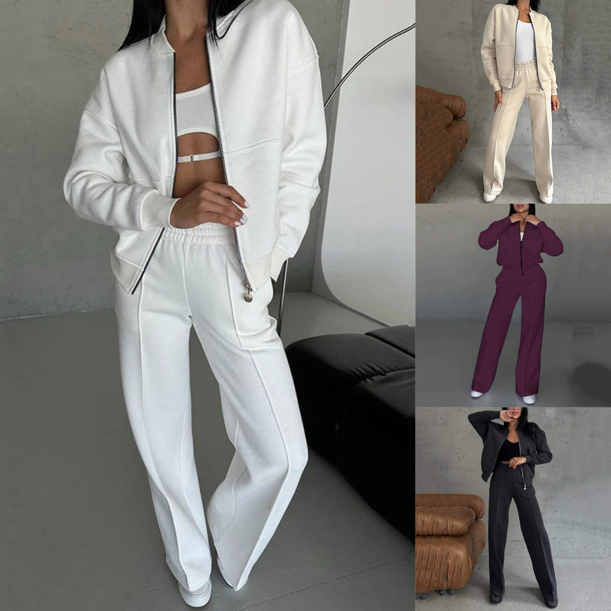 💖Women's Two-Piece Relaxed Fit Set - Zippered Jacket and Wide-Leg Pants
