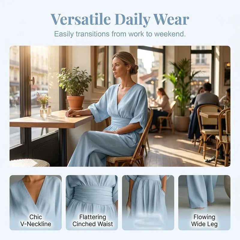 👠👠Hot sale Women's Solid-Color Elegant V-Neck Jumpsuit with Waist-Defining Fit