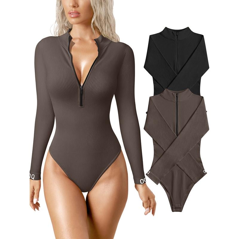 ✨ Women's 2-Piece Ribbed Bodysuits – Sexy Zip Front Long Sleeve One-Piece Tops