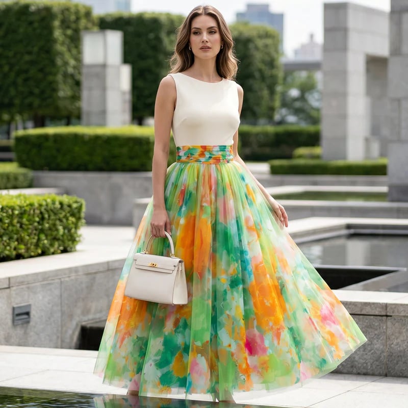 Women's Watercolor Floral Print Tulle Midi Skirt