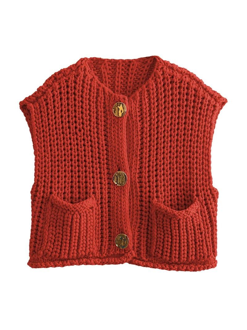 Women's Plain Button Front Pocket Sleeveless Cardigan