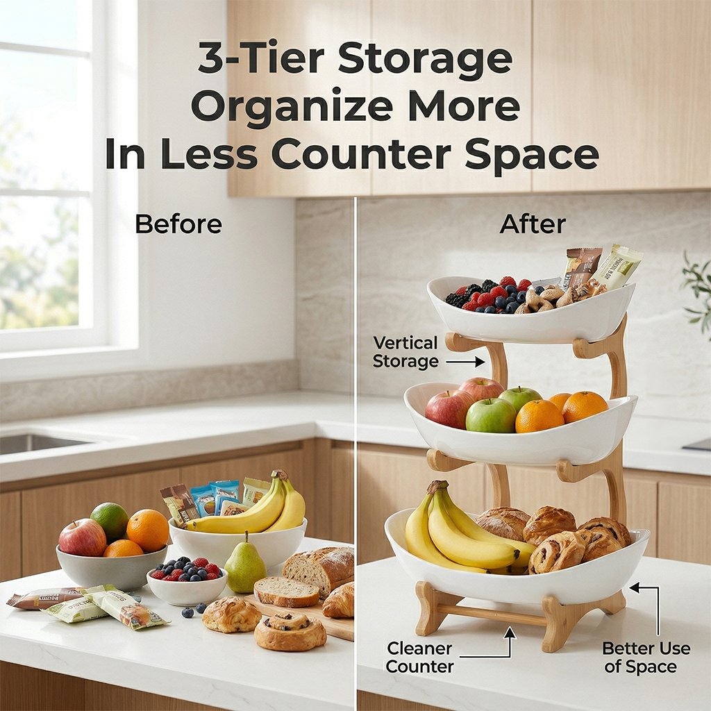 3-Tier Vertical Fruit Basket with Bamboo Stand - Space-Saving Oval Bowl Organizer for Kitchen Counters & Pantries