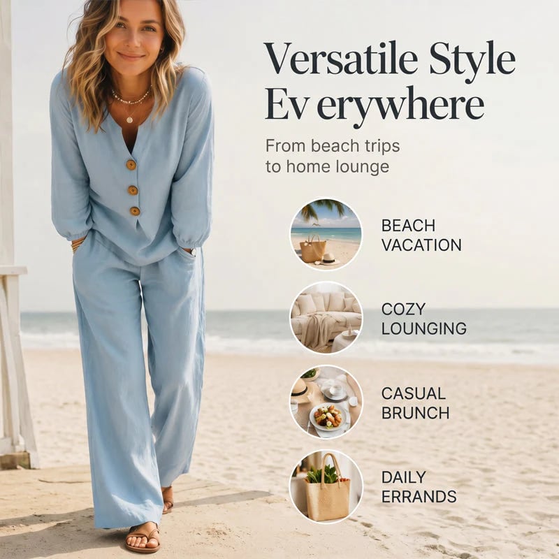 🌿Women's Cotton-Linen V-Neck Long Sleeve Top & Pants Set