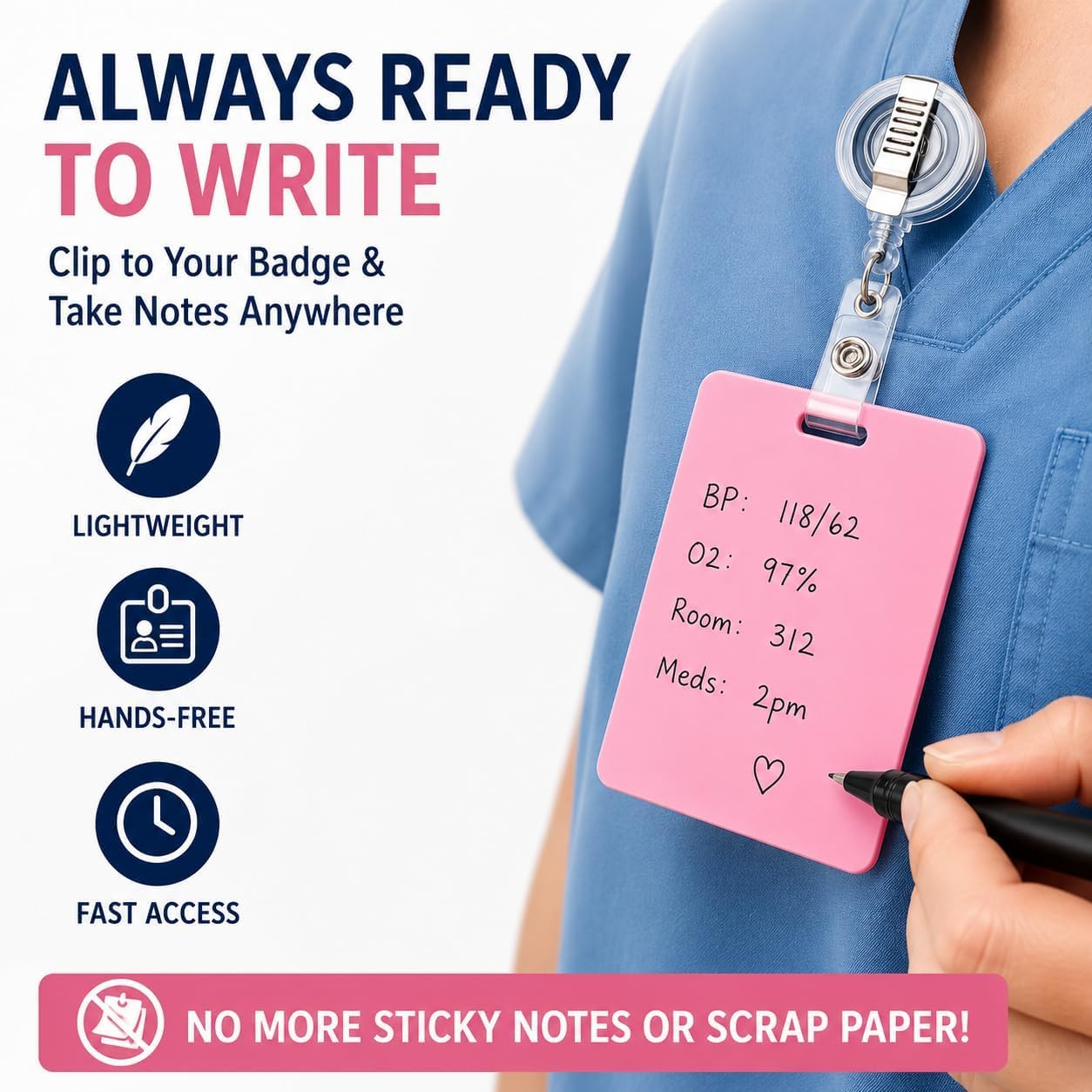 🩺Erasable Badge Note | Dual-Side Writable, Fade-Proof & No Blur (🖊Write. Wipe. Repeat.) 🎁Free Badge Clip Included📋