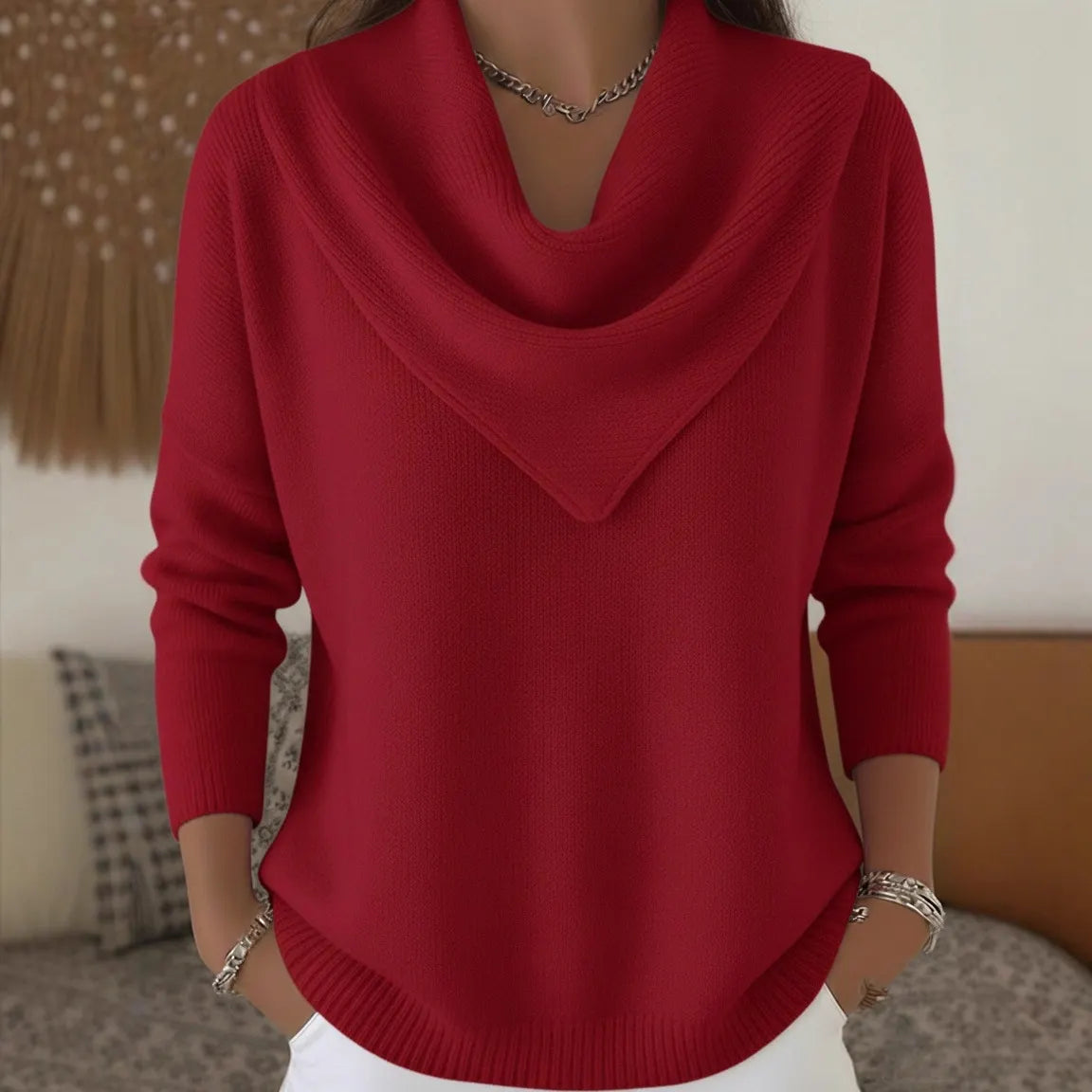🧥Triangle Neck Solid Color Long Sleeve Tops Casual Sweaters for Women