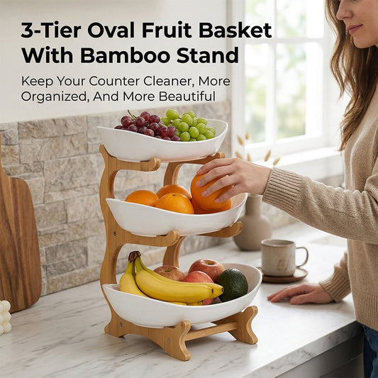 3-Tier Vertical Fruit Basket with Bamboo Stand - Space-Saving Oval Bowl Organizer for Kitchen Counters & Pantries