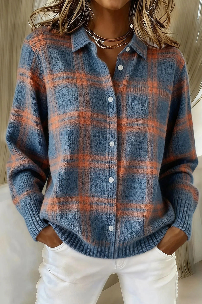 🔥 Women's Plaid Print Casual Cotton Buttoned Cardigan Sweater