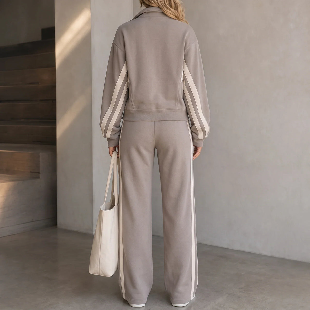 Cream-Striped Sporty Two-Piece Set