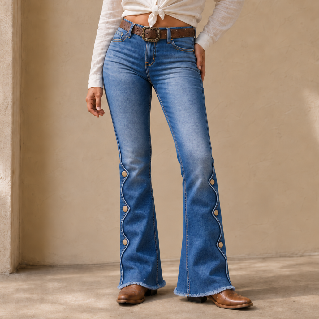 High-Waisted Scalloped Side-Button Flare Jeans