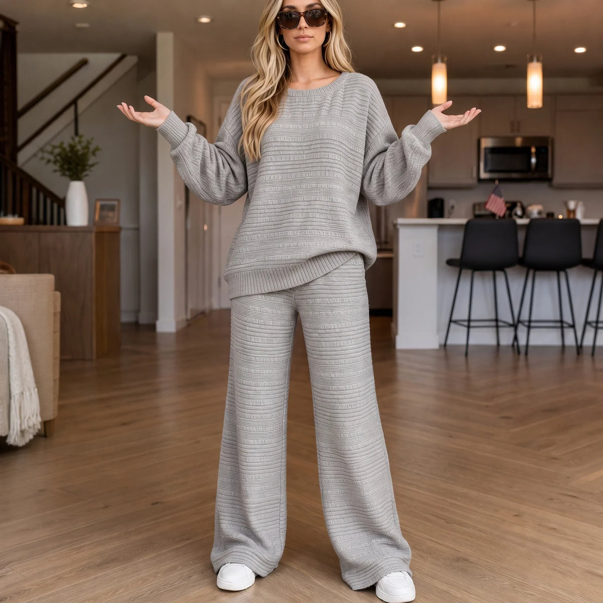 Ribbed Knit Top And Wide-Leg Pants Set