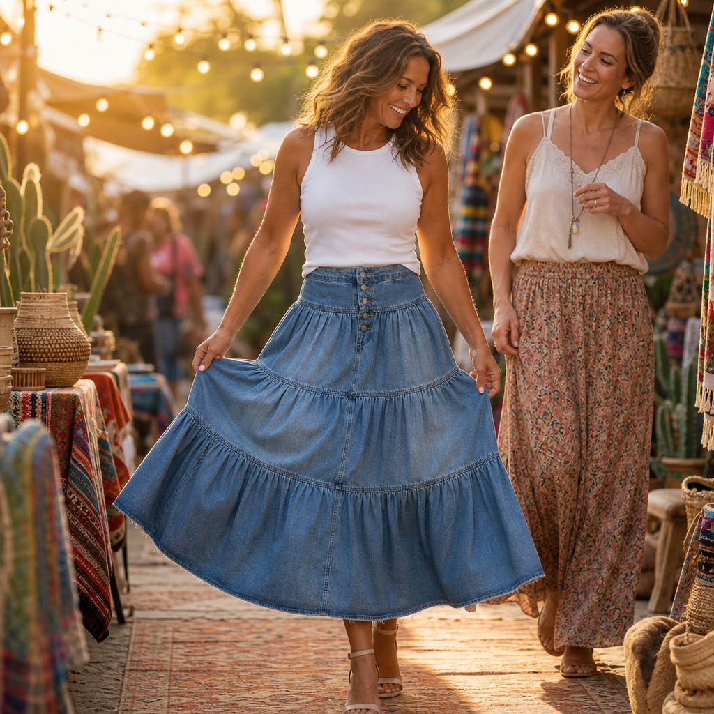 High-Waist Tiered A-Line Maxi Skirt