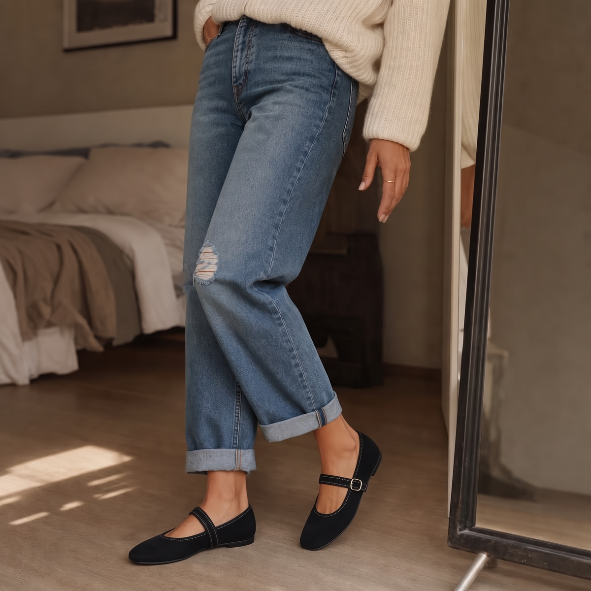Square-Toe Buckle Mary Jane Flats