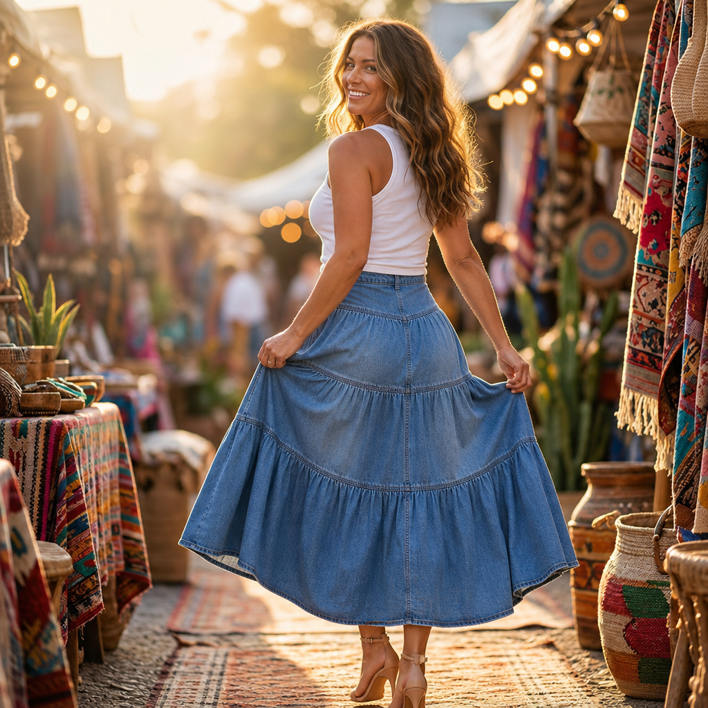 High-Waist Tiered A-Line Maxi Skirt