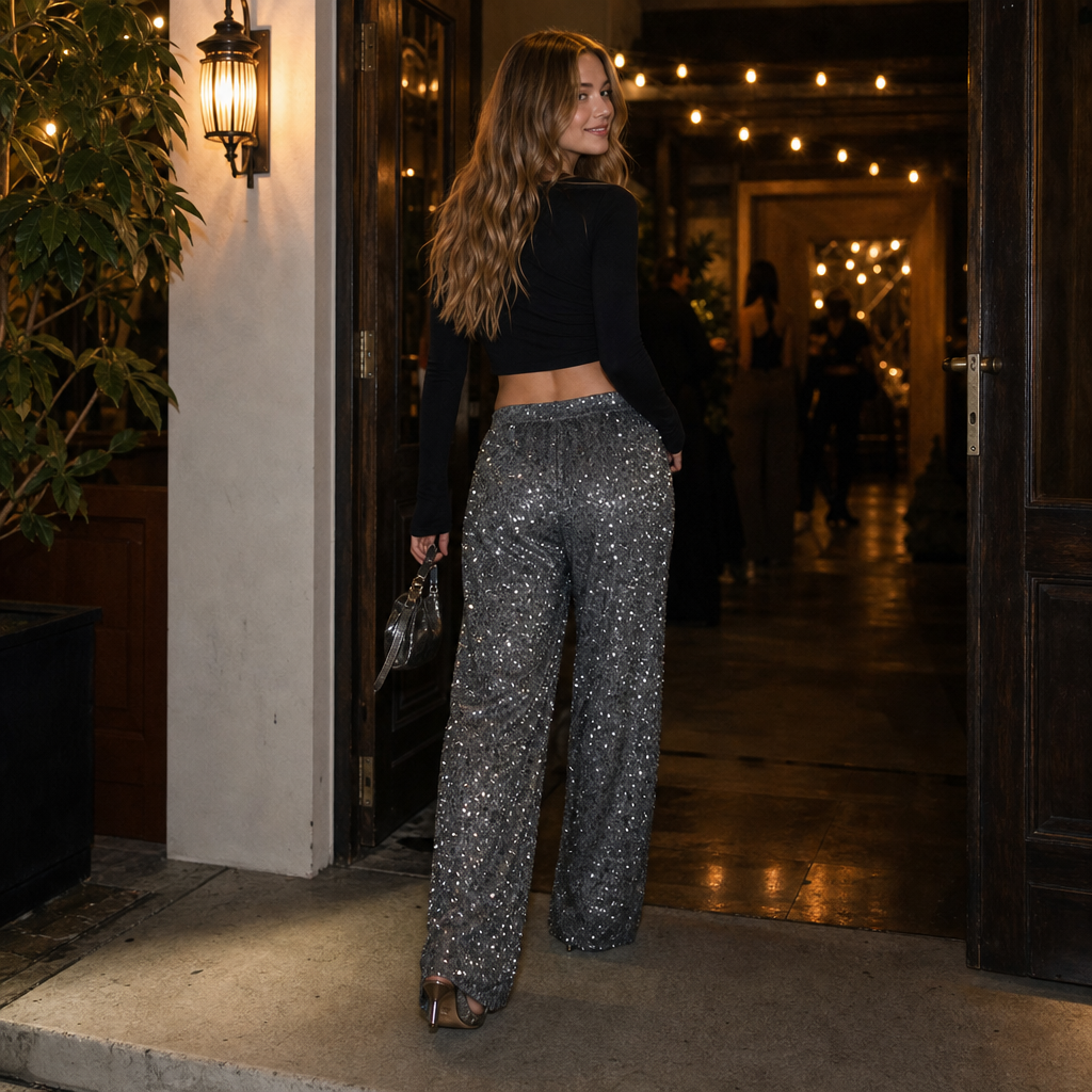 Sequin Elastic Waist Wide-Leg Pants