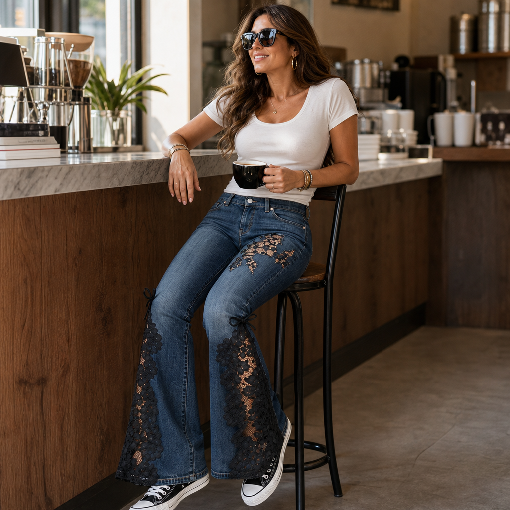 Black Floral Lace Panel Flare Jeans