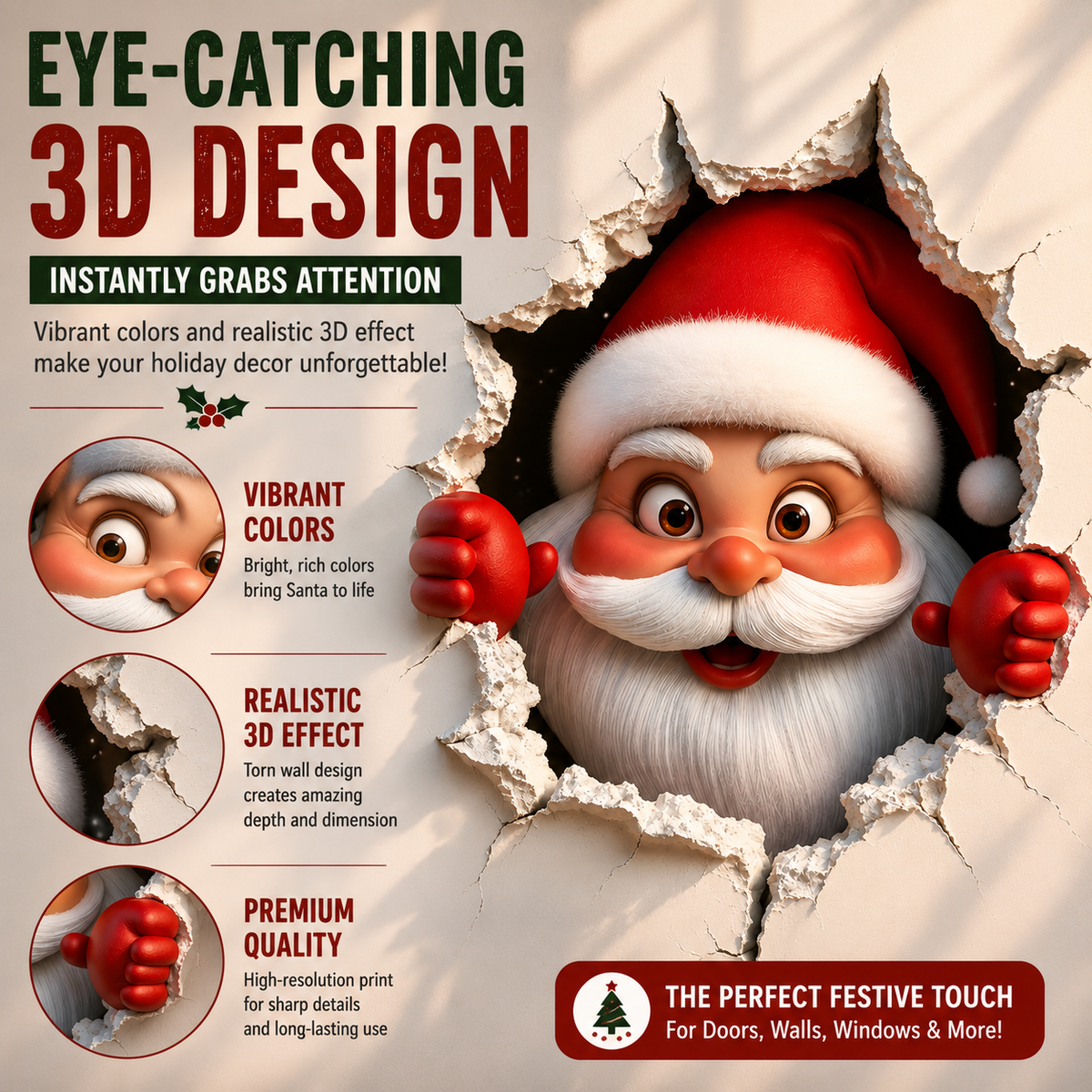 🎅 3D Santa Christmas Wall Decal | Festive Holiday Decor