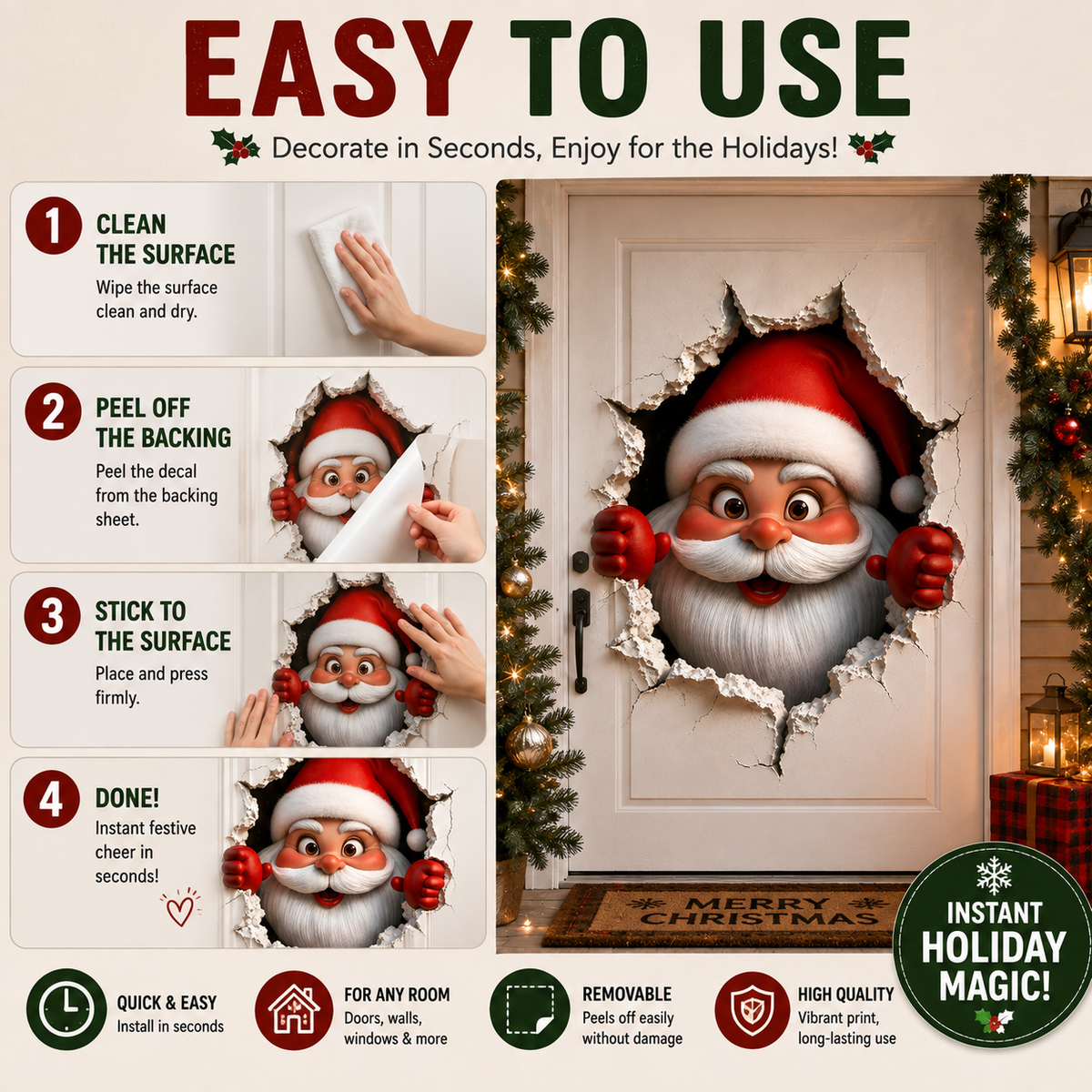 🎅 3D Santa Christmas Wall Decal | Festive Holiday Decor