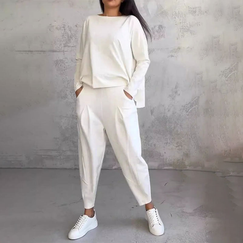 💕🤍Round-Neck Long-Sleeved Top ＆ Pants 2-Piece Set