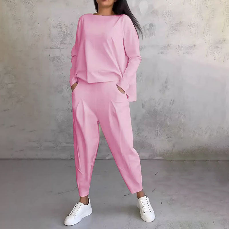 💕🤍Round-Neck Long-Sleeved Top ＆ Pants 2-Piece Set