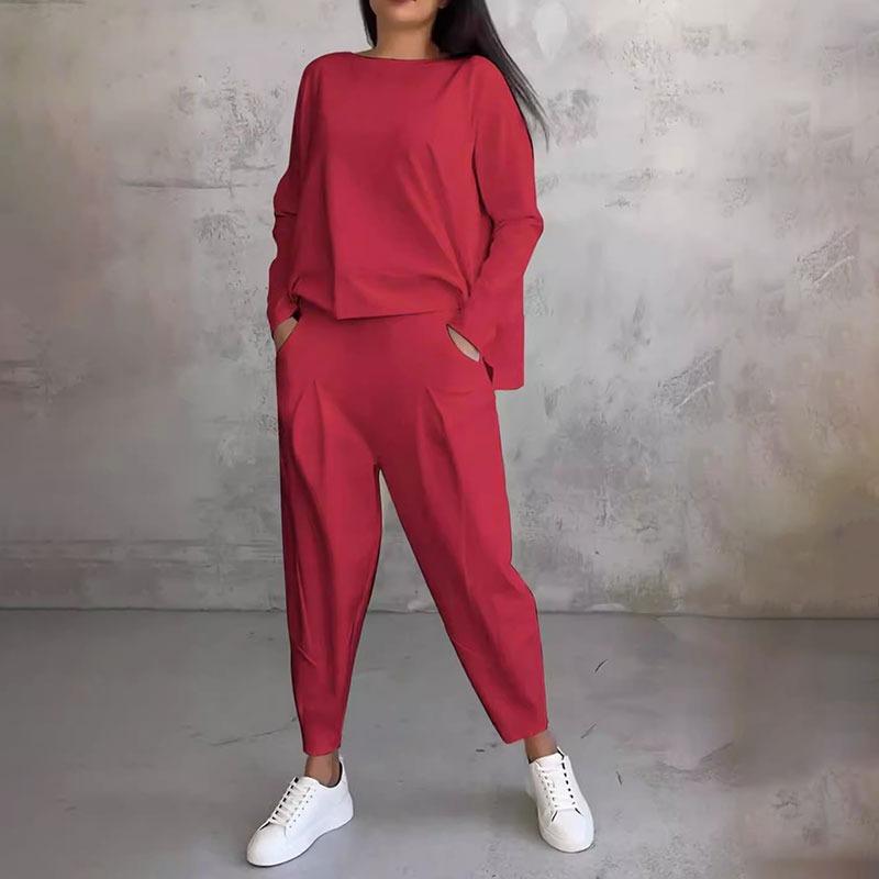 💕🤍Round-Neck Long-Sleeved Top ＆ Pants 2-Piece Set