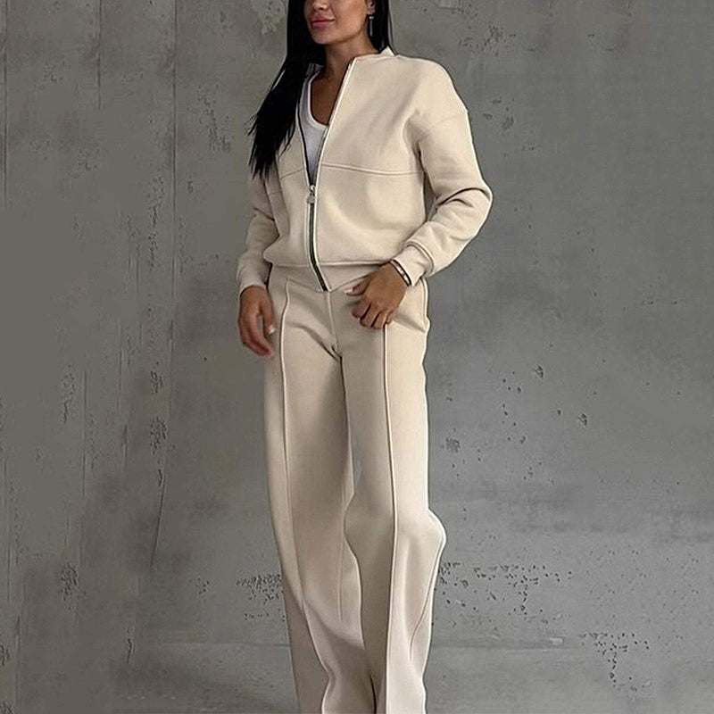 💖Women's Two-Piece Relaxed Fit Set - Zippered Jacket and Wide-Leg Pants