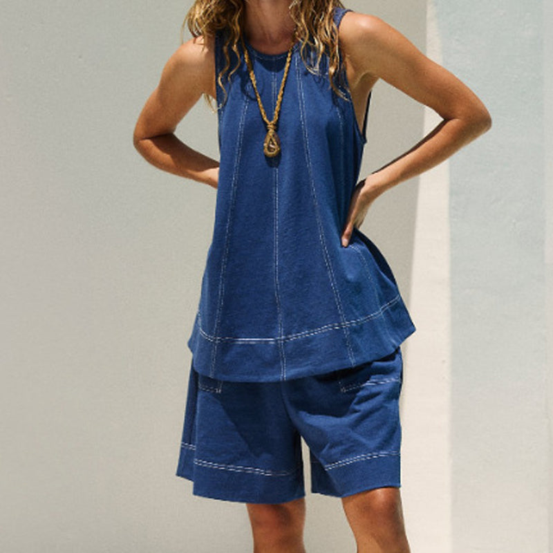 🏖️Summer Hot🌼Women's Round-Neck Tank Top & High-Waisted Shorts Set