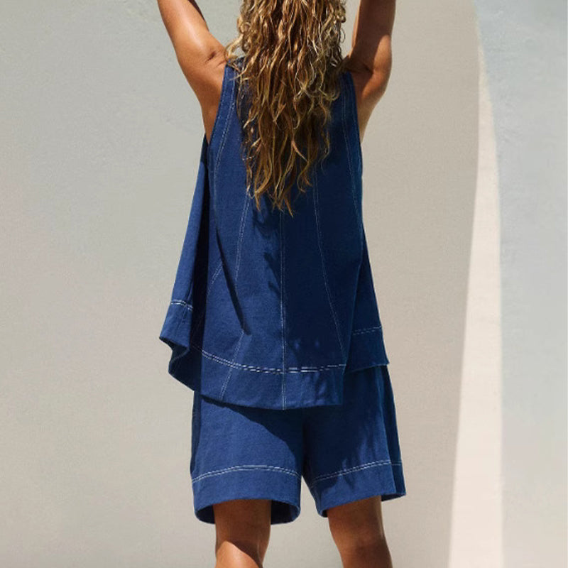 🏖️Summer Hot🌼Women's Round-Neck Tank Top & High-Waisted Shorts Set