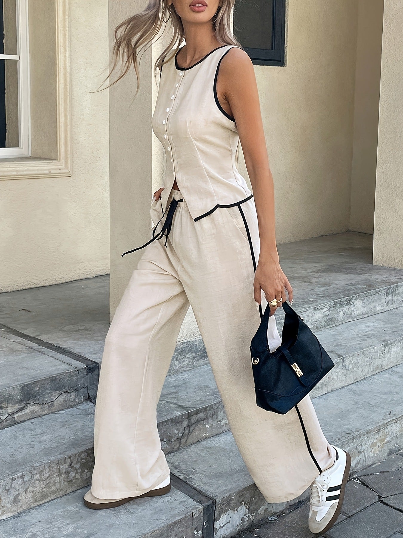 🔥Women's Contrast Binding Sleeveless Tank & Drawstring Waist Pants Two-piece Set