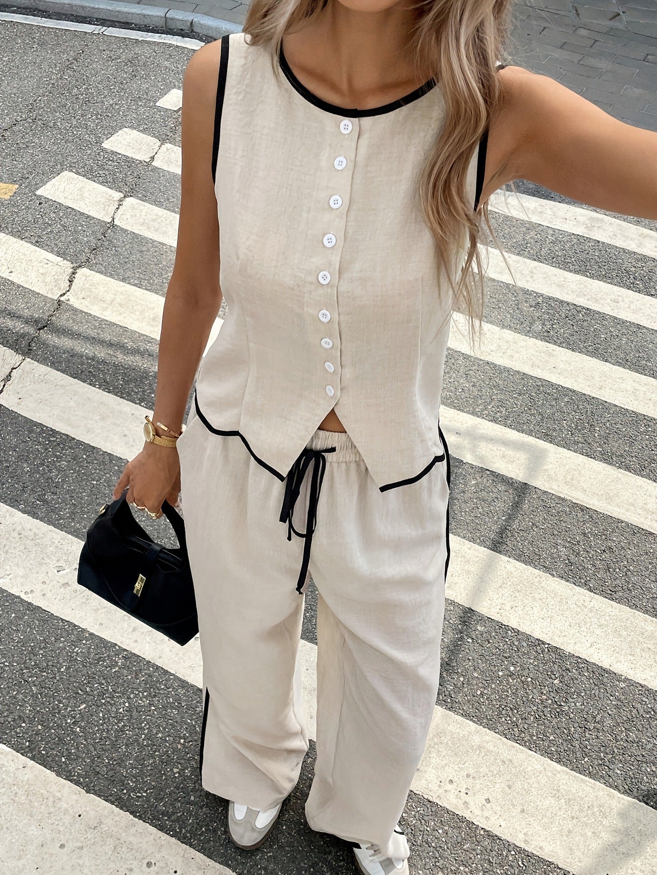 🔥Women's Contrast Binding Sleeveless Tank & Drawstring Waist Pants Two-piece Set