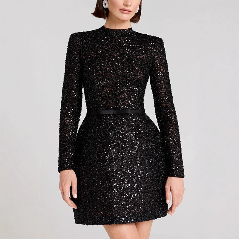 Women's Glittering Long Sleeve Dress with Belt