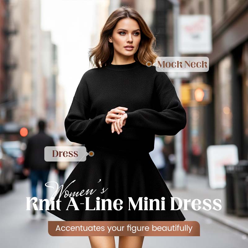 💖Women's Mock Neck Knit A-Line Mini Dress