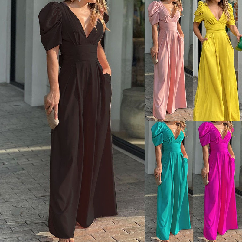 👗🌸 Women's Deep V-Neck Wide Leg Jumpsuit – High Waist, Flowy Style & Soft Fabric ✨