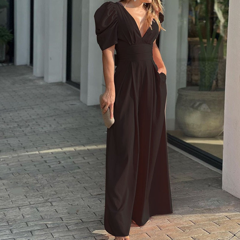 👗🌸 Women's Deep V-Neck Wide Leg Jumpsuit – High Waist, Flowy Style & Soft Fabric ✨